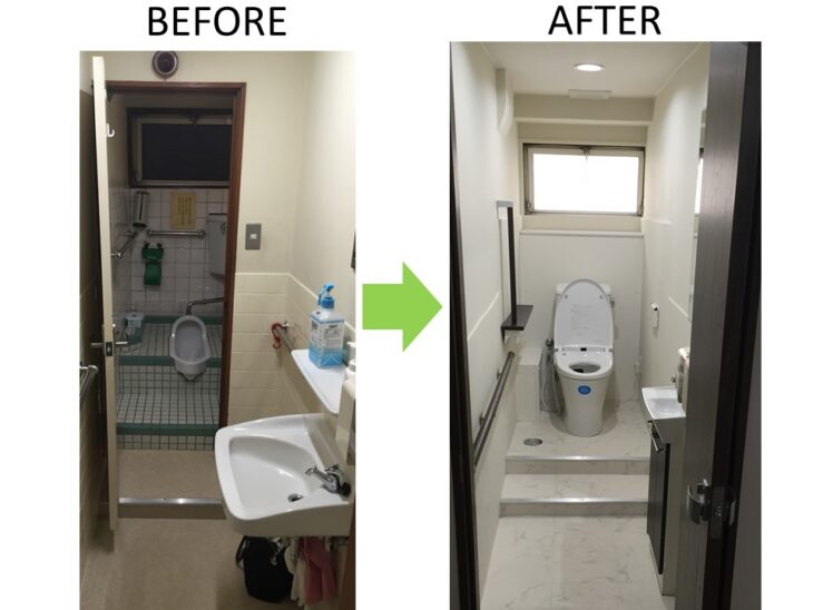   新宿区　Wクリニック様　和式→LIXIL洋式トイレ、手洗い器、手すり新設